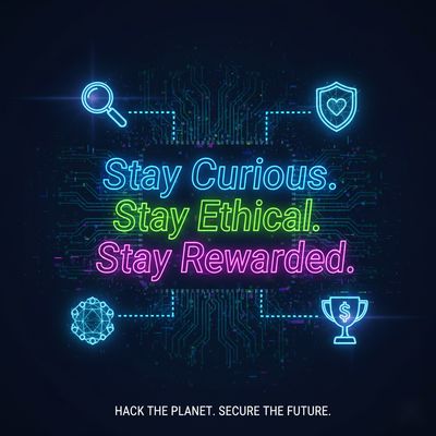 Cybersecurity motivational art with a neon hacker aesthetic, displaying the phrase: 'Stay Curious. Stay Ethical. Stay Rewarded.'