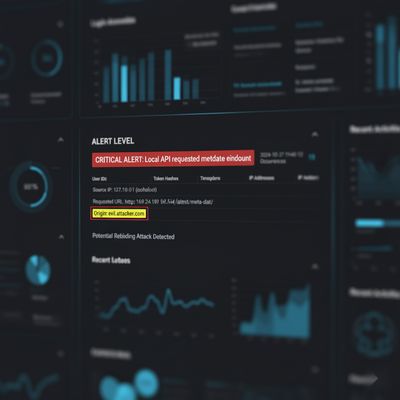 A security dashboard mockup displaying an alert: 'Local API requested metadata endpoint', with timestamps and a highlighted origin header, indicating a potential rebinding attack. Clean, modern UI.