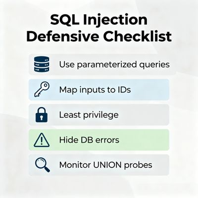 Checklist of defensive steps to prevent SQLi enumeration.