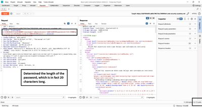 Series of Repeater requests performing password length checks (e.g., LENGTH(password) > N) showing the true/false boundaries through varying response times, highlighting when the length is identified as 20.