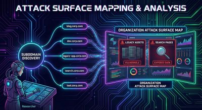 A clean infographic showing a researcher mapping an organization’s attack surface, with subdomains feeding into a central dashboard highlighting legacy assets and search pages.