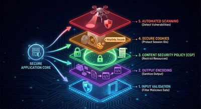 Layered security diagram for XSS prevention showing input validation, output encoding, Content Security Policy (CSP), secure cookies, and automated scanning shields.
