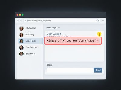Mock browser screenshot of a private messages UI. The message body prominently displays and highlights an injected XSS payload: <img src="x" onerror="alert('XSS')">.