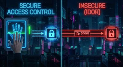 A split-screen cyberpunk illustration comparing access control models. The "Secure" side shows a glowing blue biometric verification scanner granting access to a data node. The "Insecure (IDOR)" side shows a direct, unguarded red data conduit allowing unauthorized access based on a simple, manipulated ID number.