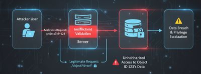Diagram showing the flow of an IDOR attack: a user sends a request to a server, which then grants unauthorized access to an object due to insufficient validation.