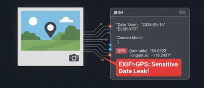 An illustration showing photo metadata (including a GPS pin and camera model) visibly leaking from an image into a JSON response, with a clear callout specifically highlighting 'EXIF→GPS', 800x400.