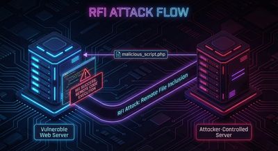 Cyberpunk diagram showing a vulnerable web server establishing a connection across a digital network to a rogue, attacker-controlled server to fetch and execute a malicious remote PHP script, visualized with dark neon colors.