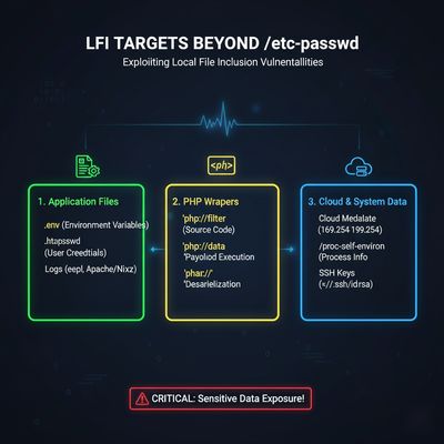 An infographic-style chart highlighting common Local File Inclusion (LFI) targets beyond '/etc/passwd', such as .env files, php://filter wrappers, and cloud metadata URLs.