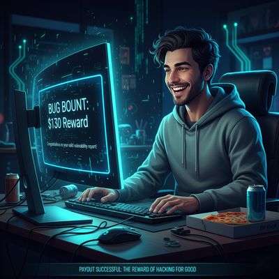 A cybersecurity researcher smiling at a notification on a screen that reads 'Bug Bounty: $130 Reward', symbolizing the successful discovery and payout for a vulnerability.