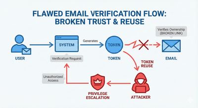 A minimal vector security infographic illustrating a flawed email verification flow, highlighting a broken trust link between the token and email, with arrows indicating token reuse leading to privilege escalation.