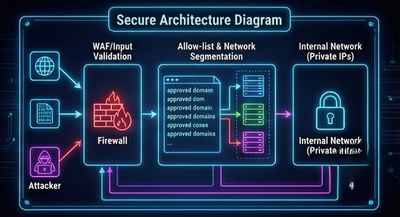 A secure network architecture diagram illustrating defense-in-depth against SSRF, including robust input validation, allow-listing of domains, and strict network segmentation blocking outbound traffic to private IP ranges.