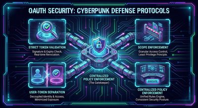 A diagram outlining recommended OAuth security practices, including strict token validation, scope enforcement, user-token separation, and centralized policy enforcement.