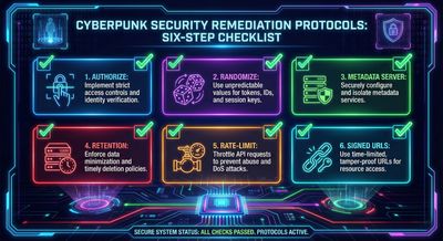 A visual checklist of six security remediation steps: Authorize, Randomize, Metadata Server, Retention, Rate-limit, and Signed URLs.