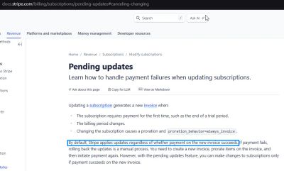 Highlighted excerpt from Stripe's old documentation text explaining that updates may apply regardless of payment success, illustrating the vulnerability.