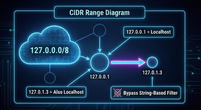 A diagram illustrating the entire 127.0.0.0/8 loopback address space, highlighting how addresses like 127.0.1.3 represent the same local interface as 127.0.0.1 to bypass string-based filters.