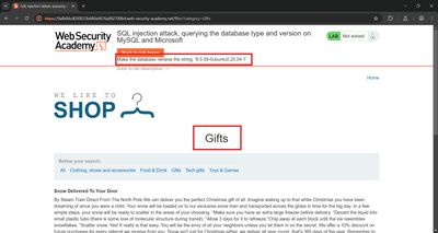 Lab homepage highlighting the target database version string.