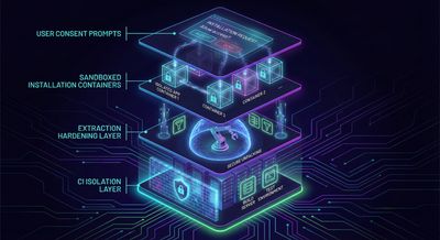 Layered diagram showing sandboxed installation containers, extraction hardening, user consent prompts, and CI isolation for package handling, blue palette.