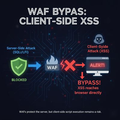 A visual illustrating a Web Application Firewall (WAF) successfully blocking server-side attacks but failing to prevent client-side XSS, clearly labeled to highlight the bypass.