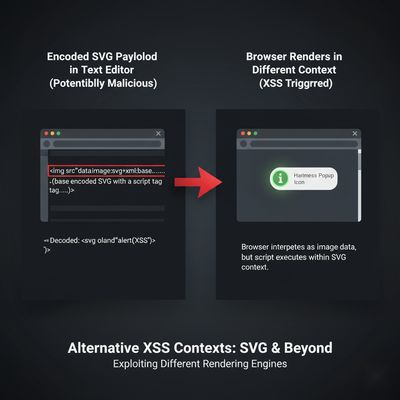 Side-by-side panels: the left panel shows an encoded SVG payload in a text editor, while the right panel displays a browser mock rendering with a harmless popup icon, demonstrating alternative XSS contexts in a clean, educational style.