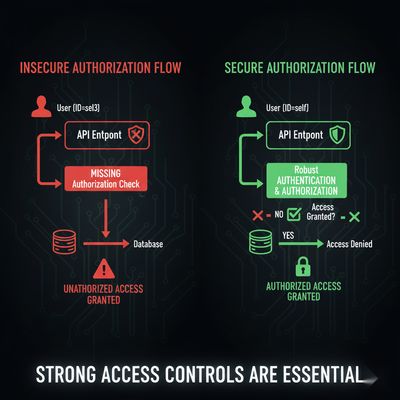 Diagram comparing a secure API authorization flow with an insecure one, highlighting the differences in validation and access control mechanisms.