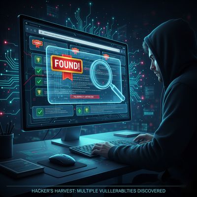 Illustration of a cybersecurity researcher looking at multiple browser tabs, each adorned with 'found' badges, symbolizing successful vulnerability discoveries.