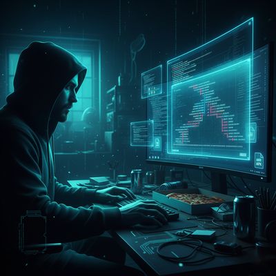 A hacker silhouette reviewing mobile app endpoints at night, with a glowing monitor aesthetic.