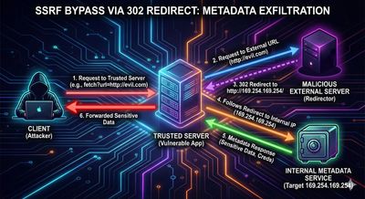 Professional security diagram illustrating a client request to a trusted server returning a 302 redirect to the internal metadata IP to bypass SSRF protections.