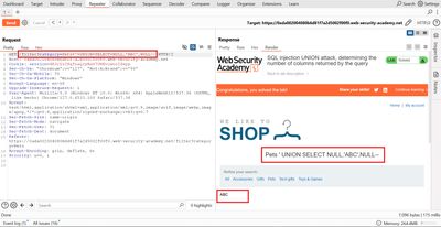 A code-style image displaying the URL '/filter?category=Pets+'+UNION+SELECT+'ABC',NULL,NULL--' demonstrating a test string 'ABC' injected and successfully reflected within the web page, identifying a text-capable column.