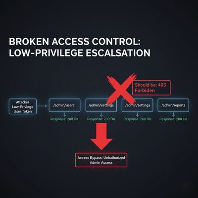 A simple flow diagram illustrating an attacker using a low-privilege token to access multiple admin endpoints that incorrectly return "200 OK", highlighting the endpoints that should have returned "403 Forbidden".