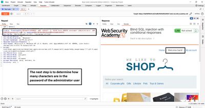 Series of Burp Repeater requests demonstrating LENGTH(password) > N checks, showing the transition in responses (e.g., "Welcome back" appearing/disappearing) to determine the password length.