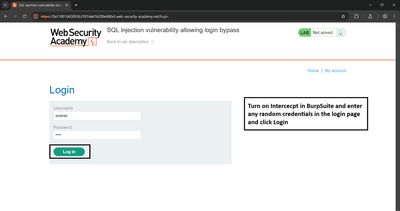 Burp Suite capture of the original login POST request, cropped to show the body with username and password form fields.