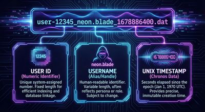 An infographic breaking down a filename structure into parts: user ID, username, and Unix timestamp, with explanations for each.