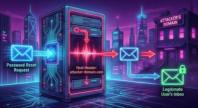 A cyberpunk-style data flow diagram. It shows a glowing packet labeled "Password Reset Request" entering a futuristic server. The server uses a corrupted "Host Header" input (glowing red) to generate an email, visualized as a data stream heading towards an attacker's neon-lit domain instead of the legitimate user's inbox.