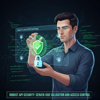 A developer securing an API endpoint with digital padlocks and shield icons, representing robust server-side validation and access control implementation.