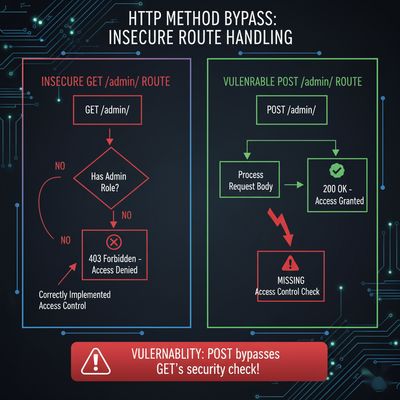 A diagram comparing insecure route handling logic between GET and POST endpoints in a backend, explaining why the method bypass vulnerability existed.