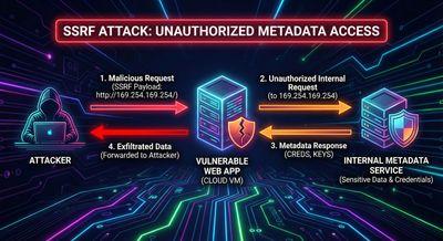 Visual diagram of a cloud VM contacting its internal metadata service at 169.254.169.254, highlighting unauthorized access via SSRF.