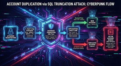 High-level flowchart demonstrating account duplication through SQL truncation, showing the process from attacker registration to victim account access.