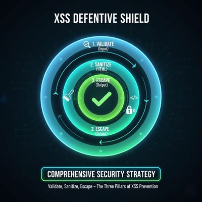 An infographic depicting a three-layer defensive shield against XSS, with each layer labeled: Validate (input), Sanitize (HTML), and Escape (output), representing a comprehensive security strategy.