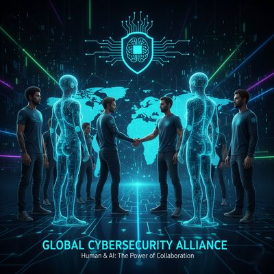 A visual representing a collaborative future, depicting a team of human and AI cyber defenders shaking hands over a glowing holographic world map, symbolizing the synergy between them in global cybersecurity.