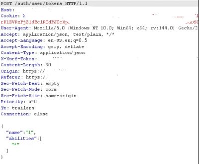 Screenshot of the full HTTP request used to manipulate parameters and forge the token creation process.