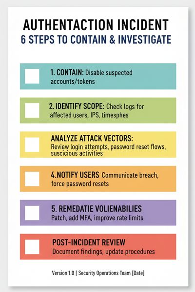 A one-page playbook card listing six clear triage steps with checkboxes, designed in a clean, printable style, for responding to authentication-related incidents.