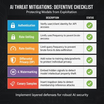 A table-styled graphic with checklist icons for defensive mitigations against AI attacks, including Authentication, Rate-limiting, Differential Privacy (DP), Watermarking, and Canary samples.