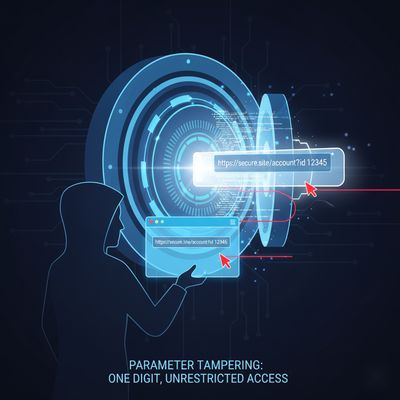 An illustration of a hacker changing one number in a URL, which is visualized as a digital key unlocking a large vault of data.