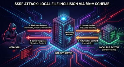 A dark-themed flow diagram showing an attacker sending a malicious download_url, the web app server fetching the file via file://, and the server returning sensitive local file content to the attacker.