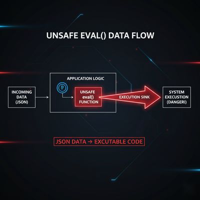 A diagram illustrating data flow, specifically highlighting an unsafe eval() function that transforms incoming JSON data into executable code, with a red path emphasizing the execution sink.