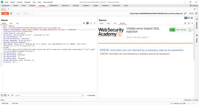 Troubleshooting screenshot showing a "more than one row returned" error, indicating the need for a LIMIT clause in the subquery.