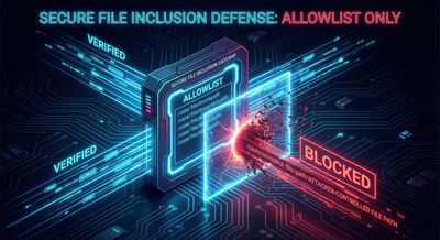 Cyberpunk illustration of a secure digital gateway representing an allowlist, permitting only verified, glowing blue file paths to pass while actively blocking and destroying malicious red attacker-controlled paths.