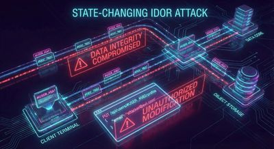 A visualization of a state-changing API request where an attacker successfully modifies another user's profile data, accompanied by visual warning indicators.