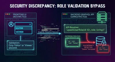 A technical diagram illustrating the discrepancy between a frontend UI restricting roles to Editor/Viewer and the backend GraphQL API accepting an unrestricted 'Owner' role parameter.