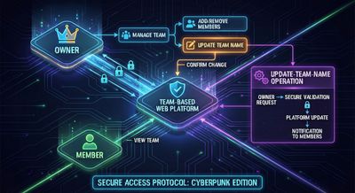 Diagram of a team-based web platform showing owner, member, and update-team-name operations in a clean, minimal, cybersecurity-focused style.